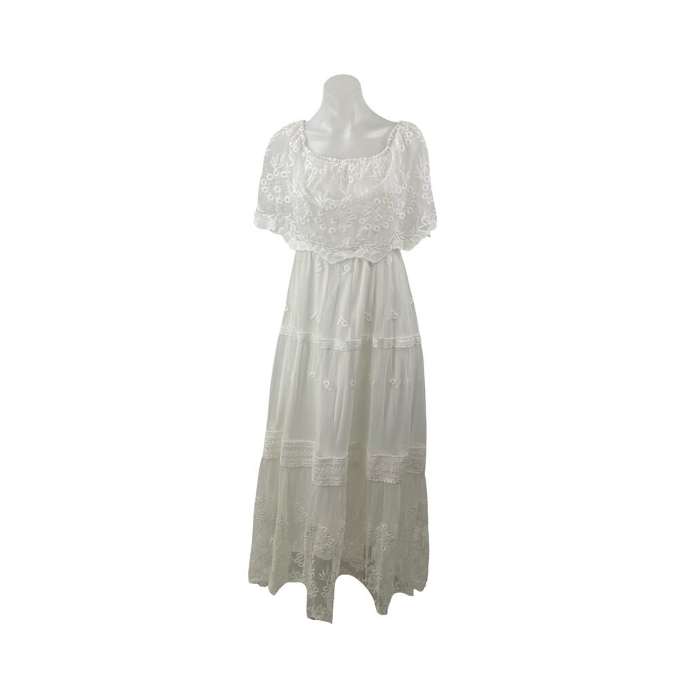 Womens White Embroidered Sheer Mesh Tiered Half Sleeve A Line Maxi Dress Size S